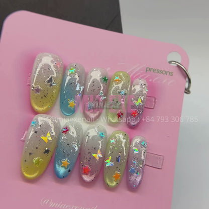 Press on Nails | Purple Shimmer Cat Eye with Mystic Lines & Star Charms, Daily Nail Style, Stiletto Shape, Medium Length Luxury Handmade Fake Nails