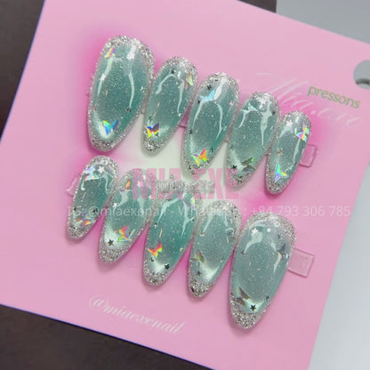 Press on Nails | Silver Cat Eye with Celestial Star Accents, Daily Nail Style, Almond Shape, Medium Length Luxury Handmade Fake Nails