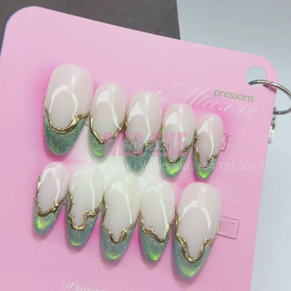 Press on Nails | Sage Green Cat Eye French with Gold Swirl Lines, Daily Nail Style, Almond Shape, Medium Length Luxury Handmade Fake Nails