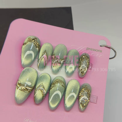 Press on Nails | Sage Green & Gold Mesh Line Art, Daily Nail Style, Almond Shape, Medium Length Luxury Handmade Fake Nails