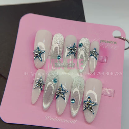 Press on Nails | Silver Cat Eye with 3D Star & Bead Accents, Daily Nail Style, Almond Shape, Medium Length Luxury Handmade Fake Nails