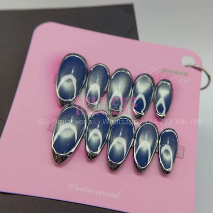 Press on Nails | Blue Cat Eye with Chrome Frame Tip, Daily Nail Style, Almond Shape, Medium Length Luxury Handmade Fake Nails