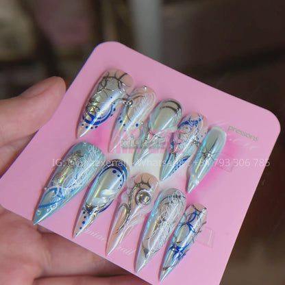 Handmade Futuristic Y2K Aurora Blue Press-on Nails