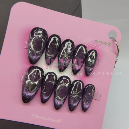 Press on Nails | Dark Purple Cat Eye with Mystic Silver Lines, Daily Nail Style, Almond Shape, Medium Length Luxury Handmade Fake Nails