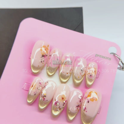 Press on Nails | Nude & Gold French Tip with Pressed Dried Flowers, Daily Nail Style, Almond Shape, Medium Length Luxury Handmade Fake Nails