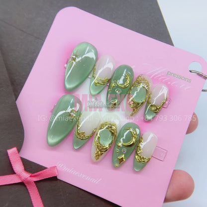 Press on Nails | Celestial Cat Eye with 3D Gold Chrome Baroque Art, Stiletto Shape, Medium Length Luxury Handmade Fake Nails
