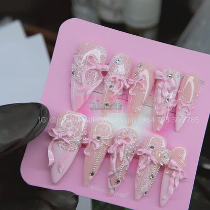 Handmade Pink Lace & 3D Bow Coquette Press-on Nails