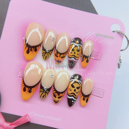 Press on Nails | Spooky Halloween Ghostface & Spiderweb Art, Stiletto Shape, Medium Length Luxury Handmade Fake Nails