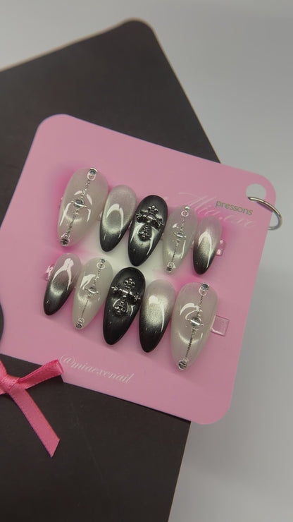Press on Nails | Gothic Black & Silver Cat Eye with 3D Cross Charm, Almond Shape, Medium Length Luxury Handmade Fake Nails