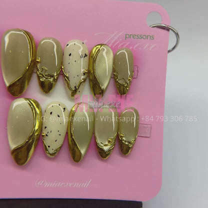 Press on Nails | Champagne Gold Cat Eye & Chrome Tip, Daily Nail Style, Almond Shape, Medium Length Luxury Handmade Fake Nails