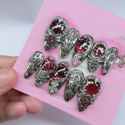 Handmade Gothic Red & Silver 3D Charm Press-on Nails