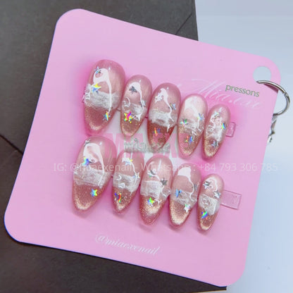 Press on Nails | Pink Cat Eye with Holographic Star Sparkles, Daily Nail Style, Almond Shape, Medium Length Luxury Handmade Fake Nails