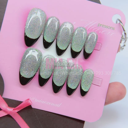 Press on Nails | Cat Eye with Black French Tip, Daily Nail Style, Almond Shape, Medium Length Luxury Handmade Fake Nails