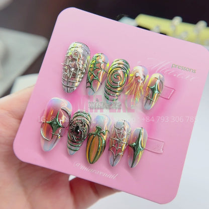 Handmade Halloween Aurora Chrome Spider Web Press-on Nails