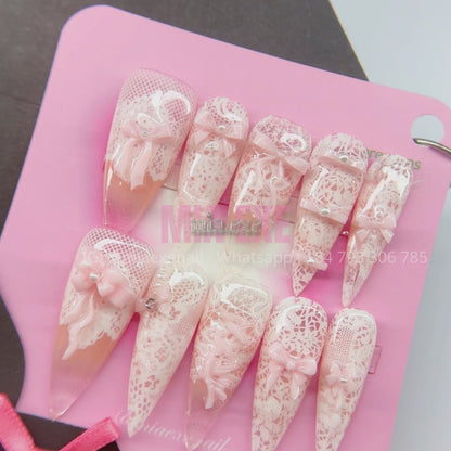 Press on Nails | White Lace Pattern with 3D Pink Bow & Pearl Accents, Daily Nail Style, Stiletto Shape, Medium Length Luxury Handmade Fake Nails