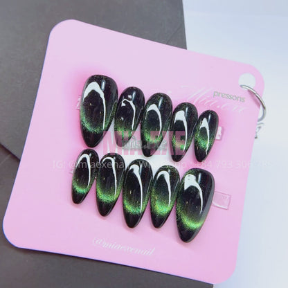 Press on Nails | Green & Black Cat Eye with Crescent Moon Arch, Daily Nail Style, Almond Shape, Medium Length Luxury Handmade Fake Nails