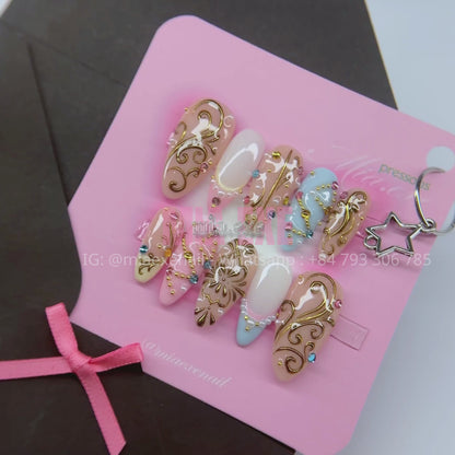 Press on Nails | Pastel & Shimmer Cat Eye with Gold Chain & Gem Accents, Daily Nail Style, Almond Shape, Medium Length Luxury Handmade Fake Nails