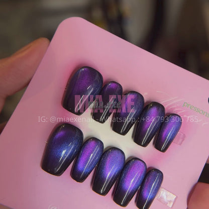 Press on Nails | Midnight Purple Cat Eye, Daily Nail Style, Coffin Shape, Medium Length Luxury Handmade Fake Nails