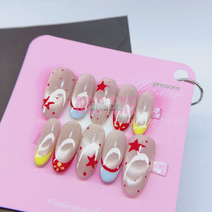 Press on Nails | Multi-Color French Cat Eye with Star Accents, Daily Nail Style, Almond Shape, Medium Length Luxury Handmade Fake Nails
