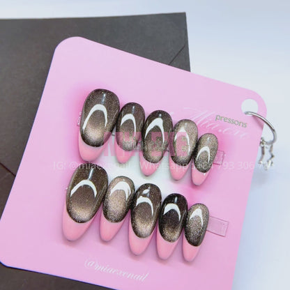 Press on Nails | Dark Cat Eye French Tip, Daily Nail Style, Almond Shape, Medium Length Luxury Handmade Fake Nails
