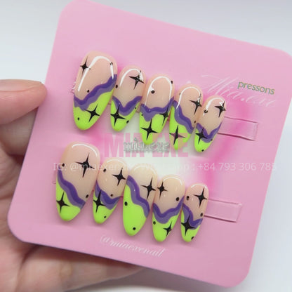 Handmade Funky Neon Green & Purple Jelly Press-on Nails