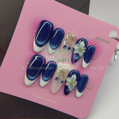 Press on Nails | Navy Blue Cat Eye with White French Tip & 3D Floral Charm, Daily Nail Style, Almond Shape, Medium Length Luxury Handmade Fake Nails