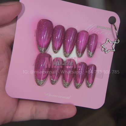 Press on Nails | Magenta Cat Eye & Glitter French Tip, Daily Nail Style, Almond Shape, Medium Length Luxury Handmade Fake Nails