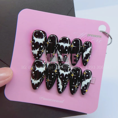 Press on Nails | Spooky Black Halloween Art, Medium Almond Shape, Luxury Handmade Fake Nails