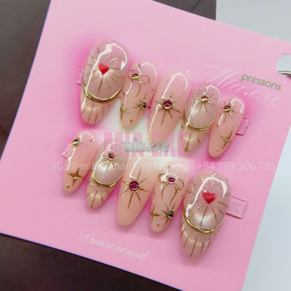 Press on Nails | Nude Cat Eye with Celestial Gold Star & Bow Accents, Daily Nail Style, Almond Shape, Medium Length Luxury Handmade Fake Nails