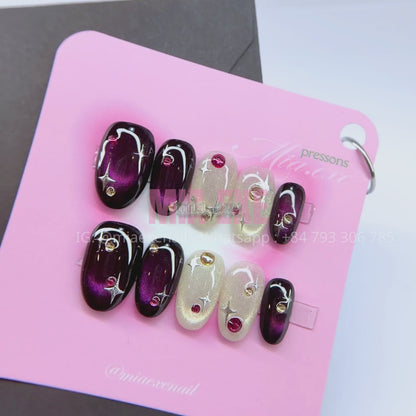Press on Nails | Dark Burgundy & Champagne Cat Eye with Celestial Gems, Daily Nail Style, Almond Shape, Medium Length Luxury Handmade Fake Nails