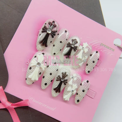 Press on Nails | Black & White Lace with 3D Gothic Cross Charms, Daily Nail Style, Stiletto Shape, Medium Length Luxury Handmade Fake Nails