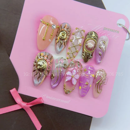 Press on Nails | Sun & Shimmer Cat Eye with Gold Charm & Mesh Art, Daily Nail Style, Stiletto Shape, Medium Length Luxury Handmade Fake Nails