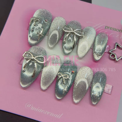 Press on Nails | Silver Cat Eye & Bow Detail, Daily Nail Style, Stiletto Shape, Medium Length Luxury Handmade Fake Nails