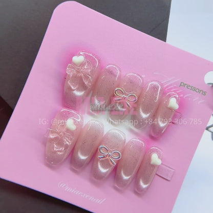 Press on Nails | Pink Cat Eye with 3D Bow & Heart Charms, Daily Nail Style, Almond Shape, Medium Length Luxury Handmade Fake Nails