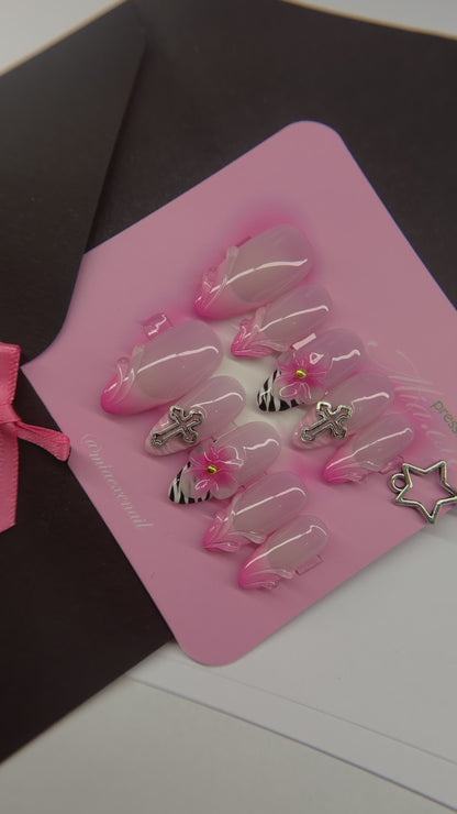 Press on Nails | Y2K Pink Ombre & Zebra Print with 3D Flower, Almond Shape, Medium Length Luxury Handmade Fake Nails