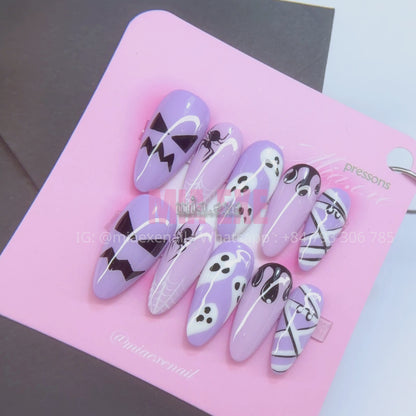 Press on Nails | Spooky Purple Halloween Art, Medium Almond Shape, Luxury Handmade Fake Nails
