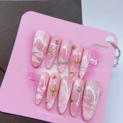 Press on Nails | Pink Cat Eye with Dreamy Clouds & Gold Star Accents, Daily Nail Style, Stiletto Shape, Medium Length Luxury Handmade Fake Nails