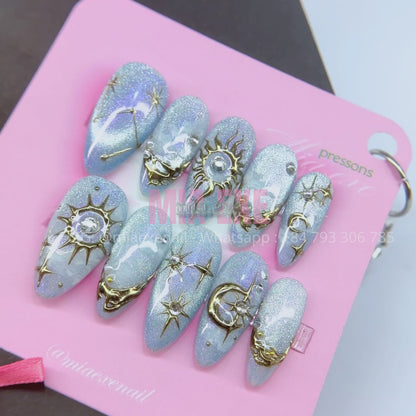 Press on Nails | Purple & Blue Cat Eye with Celestial Star & Moon Accents, Stiletto Shape, Medium Length Luxury Handmade Fake Nails