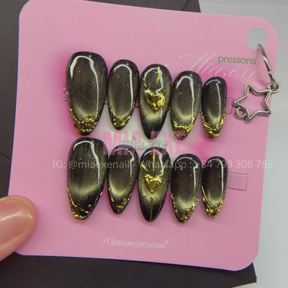 Press on Nails | Black & Gold Chrome Cat Eye with 3D Heart, Daily Nail Style, Almond Shape, Medium Length Luxury Handmade Fake Nails