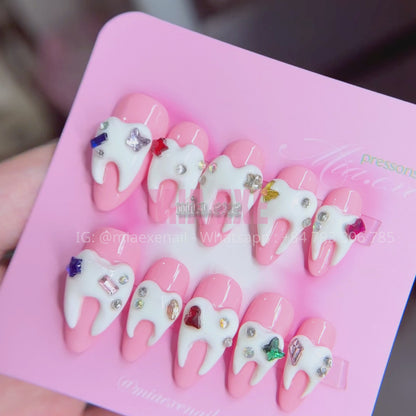 Handmade Halloween 3D Tooth Charm Pink Press-on Nails