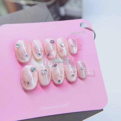 Press on Nails | Shimmering Pink Cat Eye with Celestial Hearts & Stars, Daily Nail Style, Almond Shape, Medium Length Luxury Handmade Fake Nails