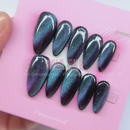 Press on Nails | Multi-Color Galaxy Cat Eye, Daily Nail Style, Stiletto Shape, Medium Length Luxury Handmade Fake Nails