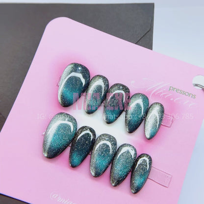 Press on Nails | Teal & Dark Blue Cat Eye with Glowing Arch Line, Daily Nail Style, Almond Shape, Medium Length Luxury Handmade Fake Nails